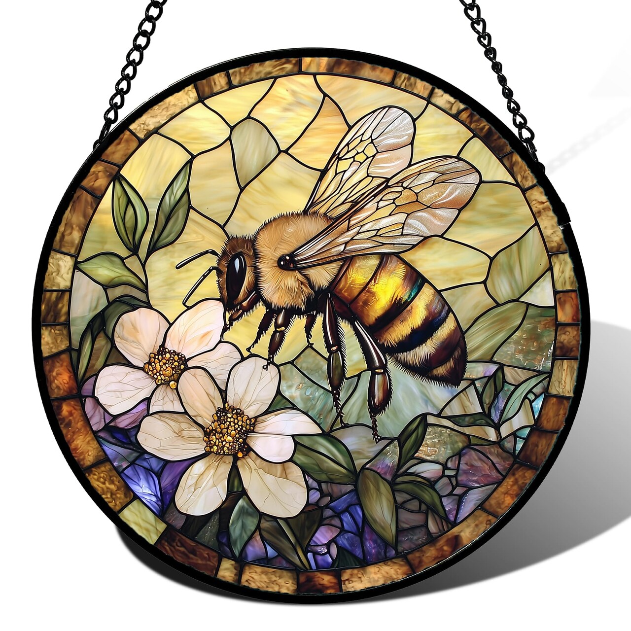 Stained Glass Window Hanging, Vintage Bee Yellow Flower Sun Catcher for Window Door Home Decor Suncatcher Christmas Mother's Day Birthday Gifts for Women Men Mom and Nana 7.8 in